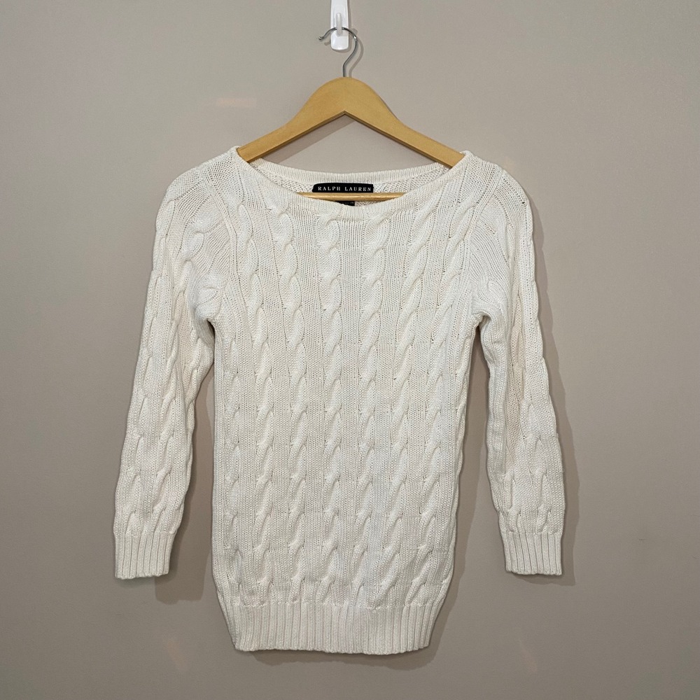 Vtg Ralph Lauren Black Label Women White Cable Knit Cotton Boat Neck Sweater Med